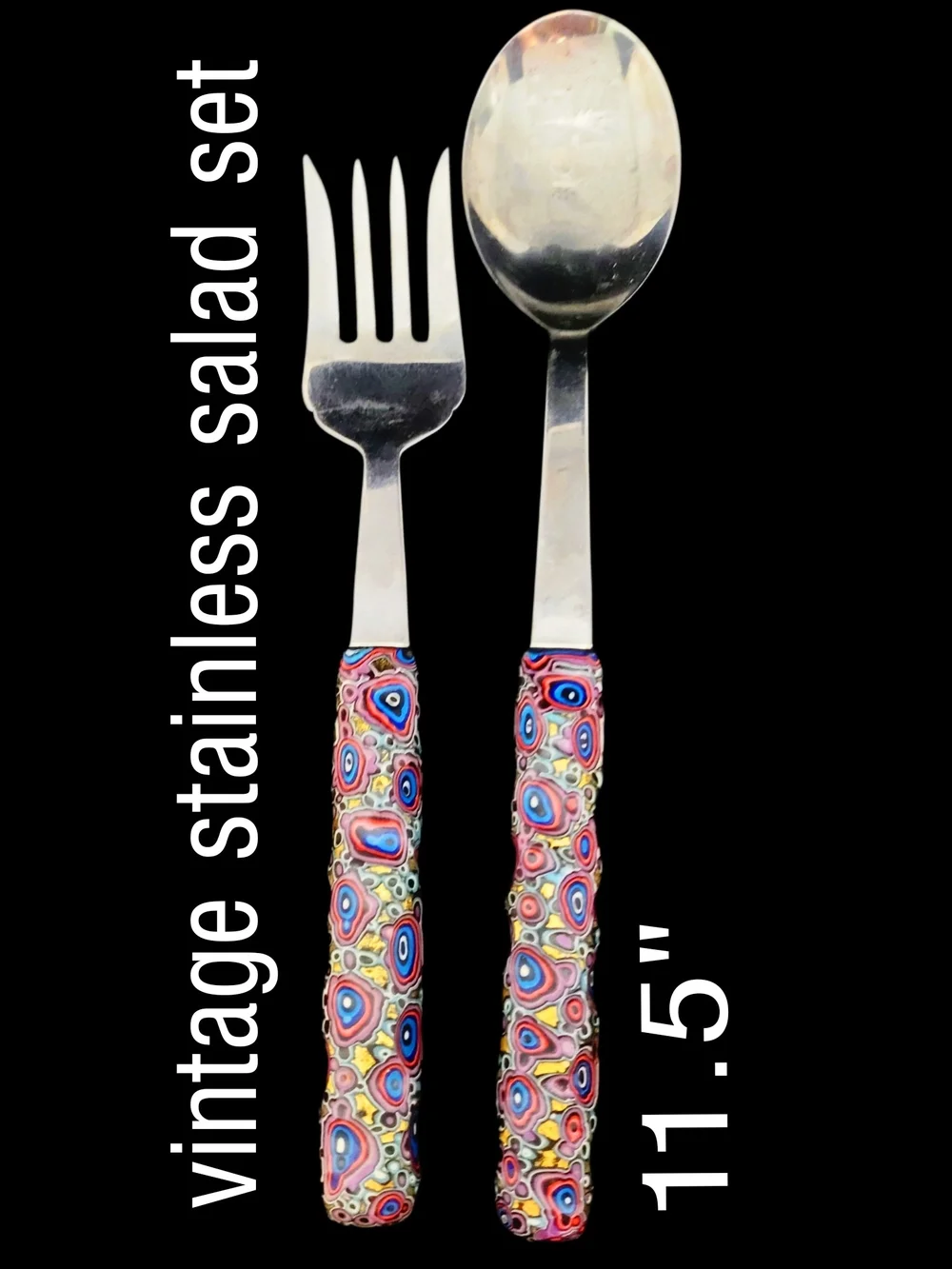 Vintage Venetian Millefiori Style Colorful Stainless Salad Serving Set